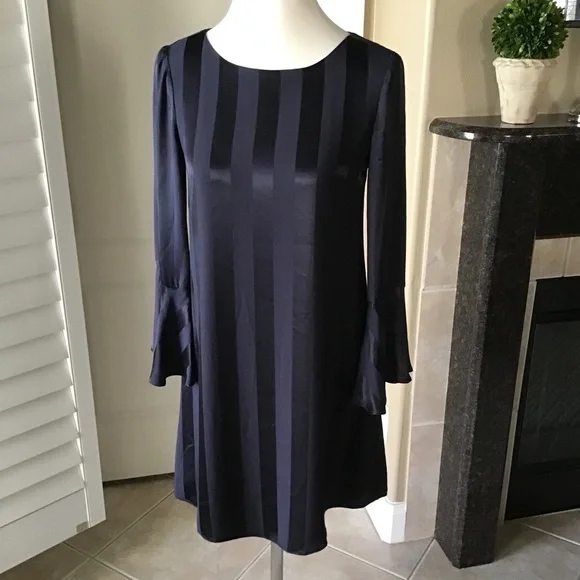 NEW Cremieux XS Navy Blue Selina Satin Striped Tulip Dress Bell Sleeves Elegant - Picture 5 of 14